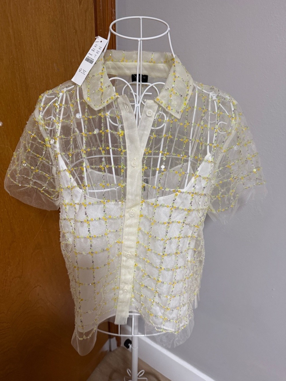 J. Crew Cream Sheer Beaded Short-Sleeve Blouse with Yellow Accents